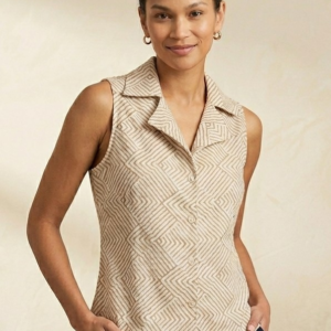 Blue Printed Notch Collar LinenTop | Sleeveless Summer Top