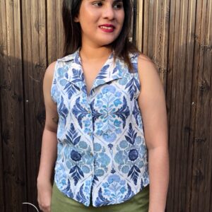 Blue Printed Notch Collar LinenTop | Sleeveless Summer Top